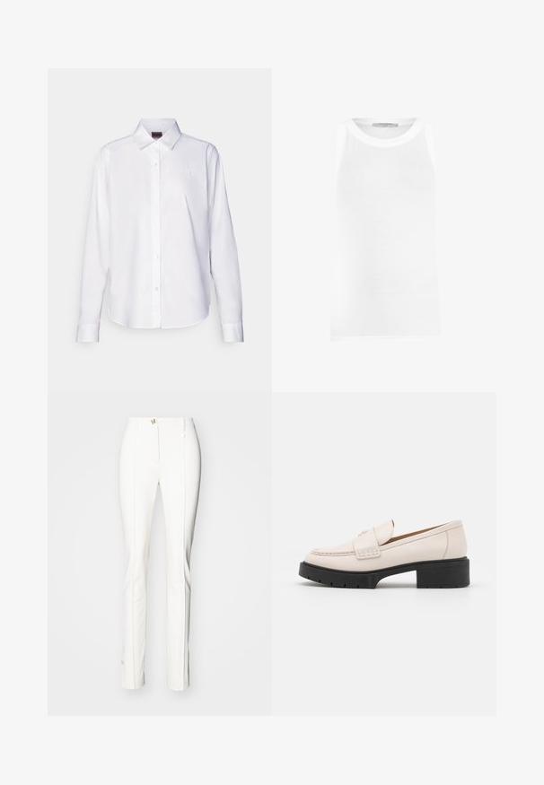 White long-sleeve button-up shirt made of cotton. Features a classic collar and subtle branded embroidery on the chest. Smooth texture.; White sleeveless tank top made of ribbed fabric, featuring a round neckline and seamless edges for a smooth fit.; White tailored pants with a sleek design, made from smooth fabric. Features a zip closure and subtle gold accents on the waistband.; Light beige leather loafers with a stitched front and a textured black platform heel. Features a curved design and a slight elevation.