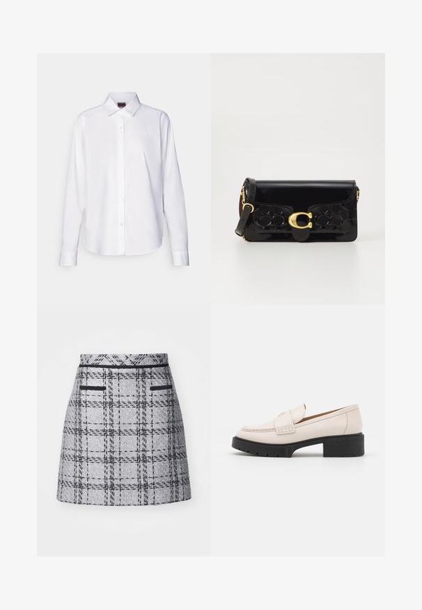Weiße Langarm-Bluse aus Baumwolle. Mit klassischem Kragen und subtilem Markenstick auf der Brust. Glatte Textur.; Helles silbernes Langarm-Turtleneck-Oberteil mit fitted Design und subtiler glänzender Oberfläche, aus einem elastischen Material gefertigt. Keine Muster oder Hardware-Details.; Grauer karierten Rock aus strukturiertem Material, schlanker Schnitt und schwarzem Saum. Beinhaltet zwei vordere Taschen mit schwarzen Verzierungen.; Hellebeige Lederloafers mit einer gesteppten Vorderseite und einem strukturierten schwarzen Plateauabsatz. Merkmale ein geschwungenes Design und eine leichte Erhöhung.; Schwarze Handtasche aus patentiertem Leder mit goldfarbenen Beschlägen, einschließlich eines Verschlusses. Verfügt über ein strukturiertes Design und einen abnehmbaren Trageriemen. Kompakte rechteckige Form.