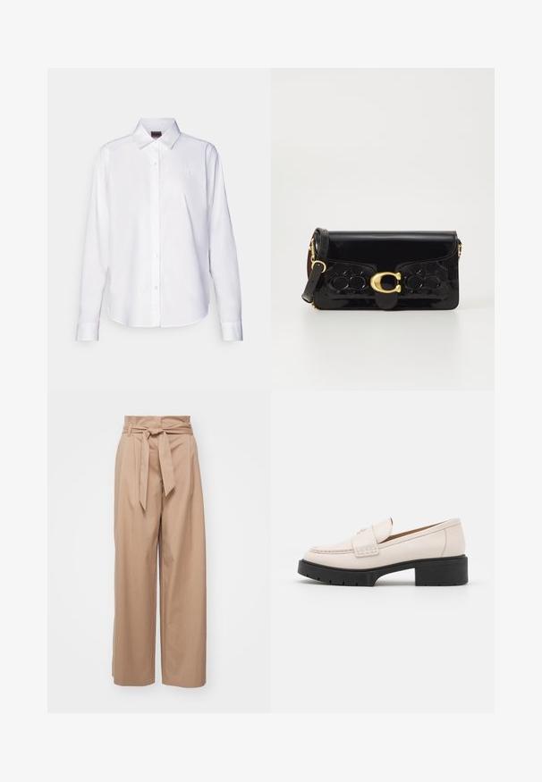 White long-sleeve button-up shirt made of cotton. Features a classic collar and subtle branded embroidery on the chest. Smooth texture.; Beige high-waisted trousers with a wide leg design, fabric tie belt, and a smooth texture. Features belt loops and side pockets.; Light beige leather loafers with a stitched front and a textured black platform heel. Features a curved design and a slight elevation.; Black patent leather handbag with gold hardware, including a clasp. Features a textured design and detachable strap. Compact rectangular shape.