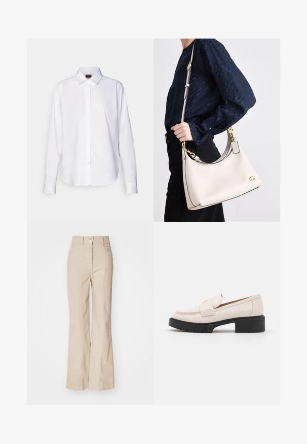 Bela srajca z dolgimi rokavi z gumbi, izdelana iz bombaža. Ima klasičen ovratnik in subtilno izvezeno blagovno znamko na prsih. Gladka tekstura.; Bež hlače s visokim pasom in širokimi nogavicami, izdelane iz mešanice bombaža, z sprednjimi žepi, zadrgo in srebrno gumbom na pasu.; Svetlo bež usnjeni loaferji z šivanim sprednjim delom in teksturiranim črnim podplatom. Imajo ukrivljen dizajn in drobno dvigovanje.; Bežna usnjena torbica s temnim detajli, ukrivljeno silhueto, zlatim okovjem in snemljivim naramnikom, držana ob strani proti temni obleki.