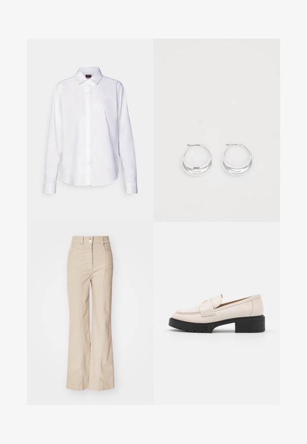 Biela košeľa s dlhým rukávom a gombíkmi vyrobená z bavlny. Obsahuje klasický límec a jemne vyšívané logo na hrudi. Hladká textura.; Béžové nohavice s vysokým pásom a rozšíreným strihom, vyrobené z bavlnenej zmesi, s prednými vreckami, zipsom a strieborným gombíkom v oblasti pása.; Svetlo béžové kožené mokasíny s prešitým predom a textúrovaným čiernym platformovým podpätkom. Vlastnosti zahŕňajú zakrivený dizajn a mierne zvýšenie.; Strieborné kruhové náušnice s lesklým povrchom a značkou DKNY, vystavené na rovnom bielom pozadí.