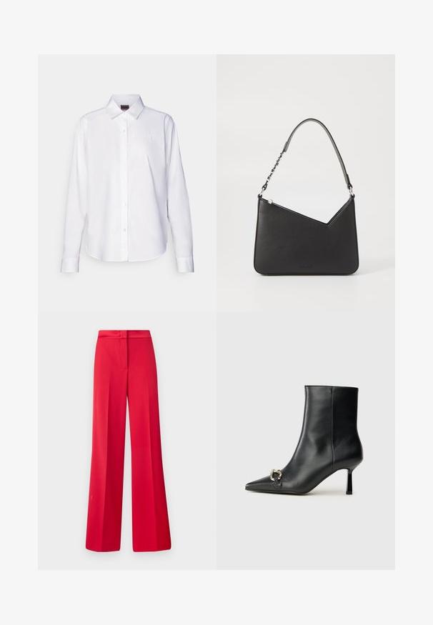 Weiße Langarm-Bluse aus Baumwolle. Mit klassischem Kragen und subtilem Markenstick auf der Brust. Glatte Textur.; Rote Weitbein-Hosen mit glatter Textur, flachem Taillenbund und strukturiertem Design, mit Falten an der Vorderseite und einer taillierten Passform.; Schwarze Leder-Stiefelette mit spitzer Zehe, schlankem, mittelhohem Absatz und silberner Schnalle seitlich vor einem schlichten Hintergrund.; Schwarze Lederhandtasche in dreieckiger Form, mit schmalem Tragegurt und silbernem Zubehör. Sie verfügt über einen Reißverschluss und ein geprägtes Logo auf der Vorderseite.