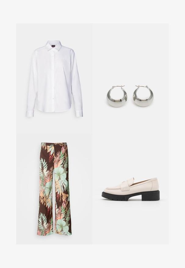 Bijela košulja dugih rukava s gumbima, izrađena od pamuka. Ima klasičan ovratnik i suptilnu brendiranu vezicu na prsima. Glatka tekstura.; Hlače širokih nogavica izrađene od tamnosmeđeg materijala s vibrantnim cvjetnim i lišnim uzorkom u nijansama zelene, crvene i breskvaste. Mekani, lagani materijal.; Svijetlosmeđi kožni loaferi s ušivenim prednjim dijelom i teksturiranim crnim platformastim potplatom. Imaju zakrivljeni dizajn i blagu elevaciju.; Srebrne metalne naušnice u obliku obruča s glatkom, sjajnom površinom i strukturiranim, zaobljenim dizajnom. Imaju šarkasti kopča za sigurno nošenje.