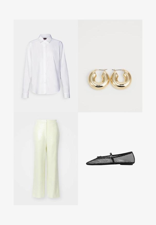 Bela srajca z dolgimi rokavi z gumbi, izdelana iz bombaža. Ima klasičen ovratnik in subtilno izvezeno blagovno znamko na prsih. Gladka tekstura.; Svijetložuti hlače s šljokicama širokog kroja, s glatkom teksturom i diskretnim zatvaračem na leđima.; Črne mrežaste balerinke s konično oblikovanim prstom, okrasno zanko in subtilnim poudarkom. Imajo odprt mrežni dizajn in ravno podplat.; Zlatni uhani iz kavljem s gladkim, zaobljenim dizajnom in sijočo površino, z zaponko za varno zapiranje. Vgravirano z "DKNY."