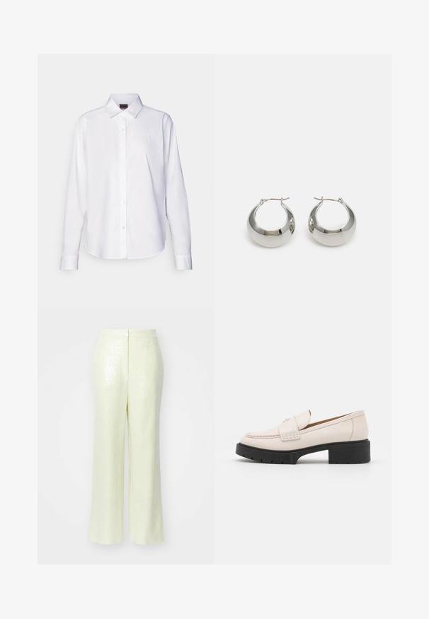 Chemise blanche à manches longues, boutonnée, fabriquée en coton. Comprend un col classique et une broderie de marque discrète sur la poitrine. Texture lisse.; Pantalons de couleur jaune clair, ornés de sequins, avec une silhouette à jambe large, présentant une texture lisse et une fermeture zippée discrète à l'arrière.; Mocassins en cuir beige clair avec un devant cousu et un talon platform texturé noir. Présente un design incurvé et une légère élévation.; Boucles d'oreilles en métal argenté avec une surface lisse et brillante et un design structuré et arrondi. Présentent un fermoir à charnière pour un port sécurisé.