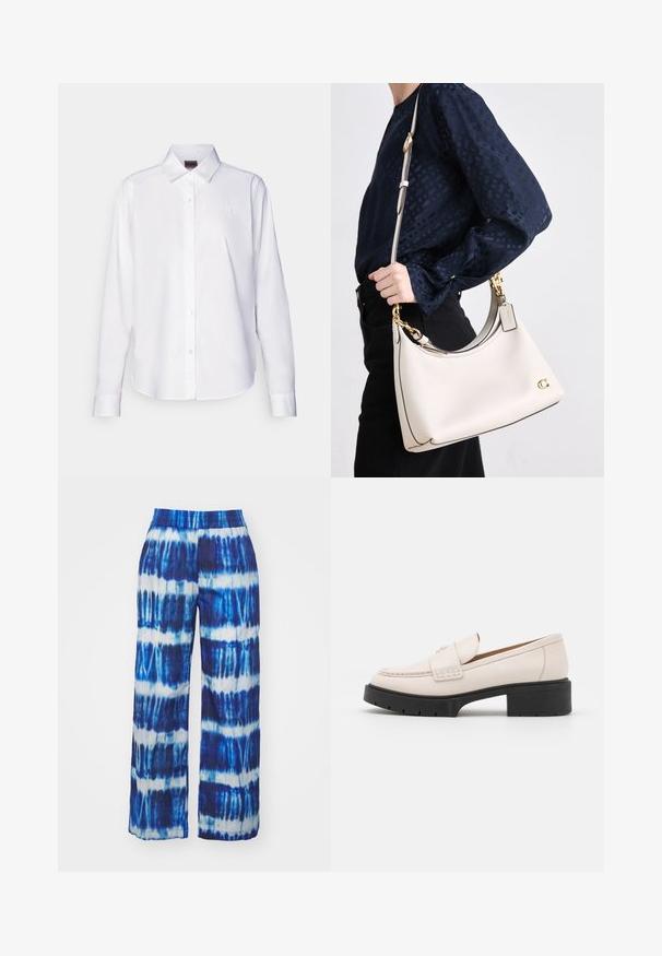 Witte langärmelige overhemd met knopen, gemaakt van katoen. Bevat een klassieke kraag en subtiele gebrandmerkte borduursels op de borst. Soepele textuur.; Wijdvallende broek met een blauw-wit tie-dye patroon en een elastische tailleband. Gemaakt van een lichtgewicht, ademend materiaal.; Lichtbeige leren loafers met een gestikte voorkant en een textuur met een zwarte plateauhak. Beschikt over een gebogen ontwerp en een lichte verhoging.; Een beige leren handtas met een donkere afwerking, een gebogen silhouette, gouden accenten en een afneembare schouderriem, vastgehouden aan de zijkant tegen een donkere outfit.