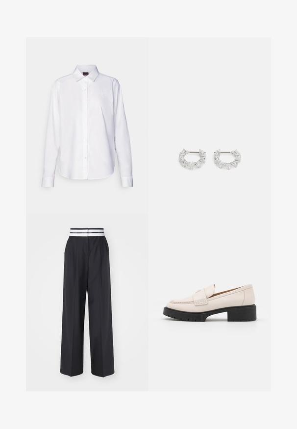White long-sleeve button-up shirt made of cotton. Features a classic collar and subtle branded embroidery on the chest. Smooth texture.; Black wide-leg trousers with a flat front, two pleats, and an elastic waistband featuring a white and black striped detail.; Light beige leather loafers with a stitched front and a textured black platform heel. Features a curved design and a slight elevation.; Silver hoop earrings featuring clear, rectangular and triangular crystals arranged in a patterned design. Posts for secure fastening.