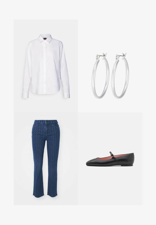 Valkoinen pitkähiha-mekko, joka on valmistettu puuvillasta. Ominaisuuksiin kuuluu klassinen kaulus ja hienovarainen brändi-ompelu rinnassa. Sileä rakenne.; Tummansiniset farkut, joissa on toistuva pyöreä kuvio, suora lahkeensuukappa, risat helmat ja perinteinen viisi taskua - edessä nappikiinnitys.; Musta nahkakengät, joissa on terävä kärki ja nilkkahihna, jossa on kultainen solki. Sileä pinta, jossa on hieman kiiltävä viimeistely.; Hope-silver rengas, joissa on sileä ja kiillotettu pinta. Pyöreä muoto ja turvallinen napsautettava lukitus. Kevyt muotoilu sopii päivittäiseen käyttöön.