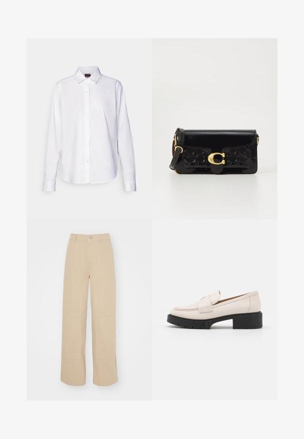 Camisa blanca de manga larga con botones, hecha de algodón. Presenta un cuello clásico y un sutil bordado de la marca en el pecho. Textura suave.; Pantalones de pierna ancha beige hechos de algodón. Presentan dos grandes bolsillos delanteros y un cierre de botón metálico en la cintura. Textura suave.; Mocasines de cuero beige claro con un frente cosido y un tacón de plataforma negro texturizado. Presenta un diseño curvado y una ligera elevación.; Bolso de mano de charol negro con herrajes dorados, incluidos un cierre. Presenta un diseño texturizado y una correa desmontable. Forma rectangular compacta.