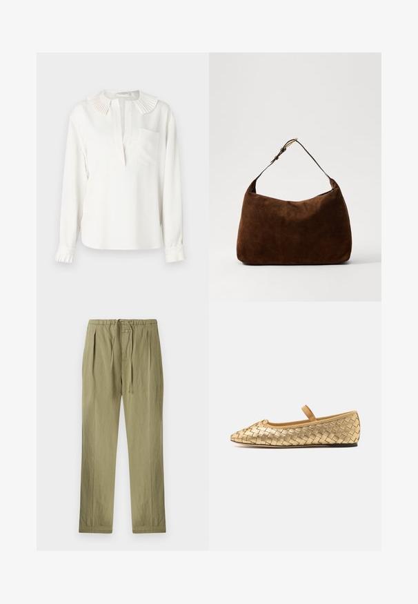 Biela blúzka s dlhými rukávmi, plisovaným golierom, predným zapínaním a jedným vreckom na hrudi. Má zhromaždené manžety s plisovanými detailmi.; Svetlo olivové nohavice vyrobené z bavlny, s pásom na šnúrku, záhybmi a rovnými nohavicami. Mäkká textúra s minimálnymi akcentmi.; Loeffler Randall LEONIE SOFT BALLET FLAT - Balerínky s remienkom okolo členku - gold; Hnedá semišová hobo taška s zakriveným tvarom, jedným nastaviteľným popruhom a zlatým kovovým doplnkom na popruznej. Jemná textúra po celom povrchu.