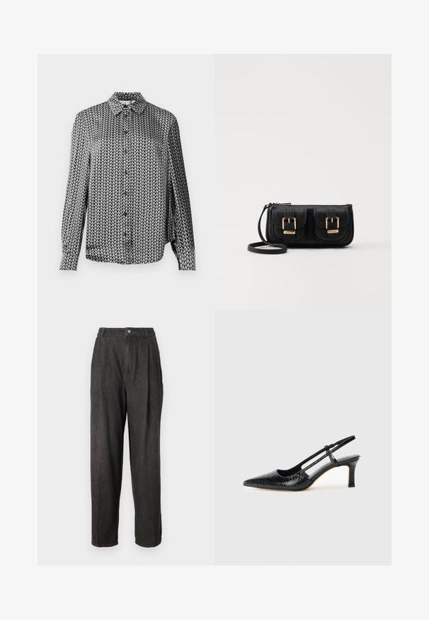 Knapper-skjorte i svart og hvitt med et gjentatt pilmønster, lange ermer og krage. Laget av lett stoff.; Mørkegrå denimbukser med høy midje, legg på forsiden, rette ben og en enkelt knappelukking i midjen.; Sorte patent slingback hæl med spids tå, featuring tekstureret slangeskind, justerbar rem og en kort, tekstureret blokhæl.; Svart skinn crossbody veske med to frontlommer, gyldne spenner, glidelåslukking og en slank stropp. Teksturert overflate og kompakt rektangulær form.