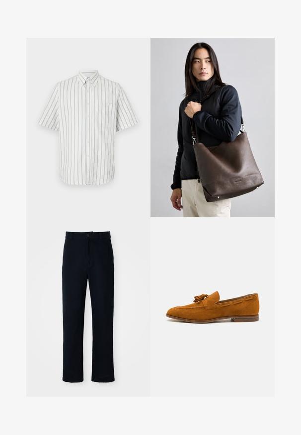 Kreklu ar īsām piedurknēm, balts ar tumši pelēkiem vertikāliem svītrām, ar kabatu kreisajā krūtī un standarta apkakles dizainu.; Kokvilnas tumši zilas bikses ar taisnu kāju dizainu, priekšējo pogu aizdari un klasisku jostasvietu ar jostas cilpiņām.; Bēša zamšs loafer ar noapaļotu purngalu, priekšā ar piekariņu detaļu un dekoratīvo šuvumu gar malām. Plakana koka purngala daļa.; Brūna ādas plecu soma ar plūstošu dizainu, teksturētu virsmu, sudraba aksesuāriem un sānu kniedēm, nēsājama ar atvienojamu siksnu.