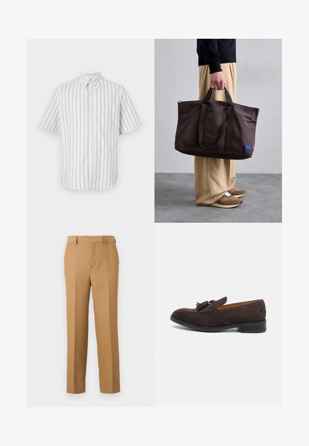 Cămașă cu mâneci scurte, albă, cu dungi verticale negre, având un buzunar pe pieptul stâng și un guler standard.; Pantaloni bej dintr-un material țesut, cu croială dreaptă, față plată și bucle pentru curea. Textură netedă, fără modele vizibile.; Paul Smith LAWSON - Pantofi slip-on - brown; Geantă tote din nailon maro cu două mânere, închidere cu fermoar și o aplicație logo albastră. Textură netedă, design structurat, interior spațios.