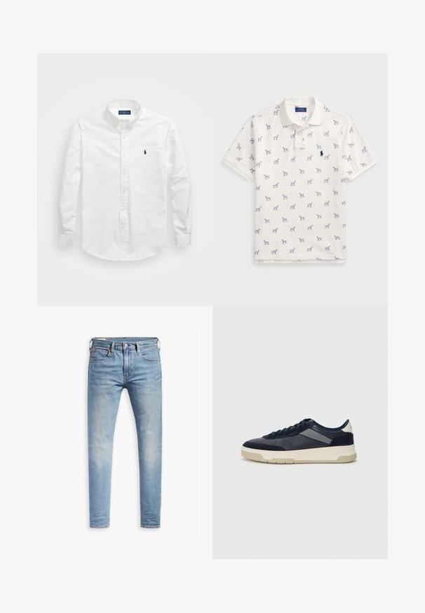 Valge puuvillane särk, millel on nokk-krae, pikad varrukad ja väike tumesinine logo rinnal. Sile pind.; Valge puuvillane polo särk, millel on korduv sinine koera muster ja väike sinine logo rinnal. Lühikesed varrukad ja krae.; Heledad hallidega helesinised kitsad teksad, millel on kerge kulumine reitel, ees nupuga sulgemine, vöölõngad ja viie taskuga stiil, valgel taustal.; BOSS BALTIMORE - Tossud - open blue