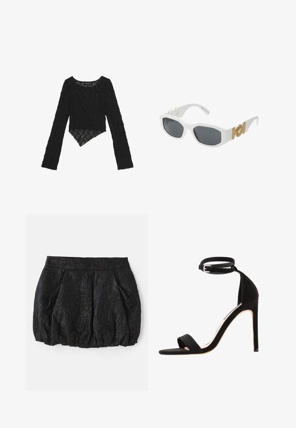 Melnās mežģīnes top ar garām piedurknēm, ar apgrieztu priekšpusi, ar teksturētu ziedu rakstu un asimetrisku apakšmalu.; Melnas ādas svārki ar iepresētu ziedu rakstu, savilktiem krokām un gludu jostu. Aizmugurē ir apslēpts rāvējslēdzis.; Melnas zamšādas augstpapēžu sandales ar vienkāršu siksniņu dizainu, atvērtu purngalu un potītes siksniņu ar sudraba sprādzi.; Baltas plastmasas saulesbrilles ar tumši pelēkiem stikliem, ar zelta emblēmu un teksturētām akcentiem uz kājiņām. Kvadrātveida forma.