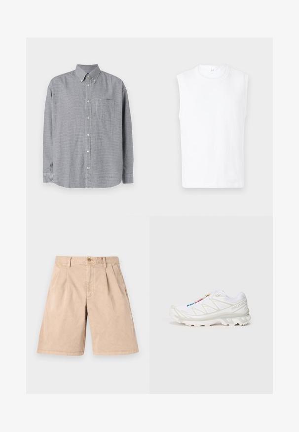 Black and white checkered long-sleeve button-up shirt with a collar, single chest pocket, and rounded hem. Cotton-based fabric, smooth texture.; White sleeveless T-shirt with a round neckline, made from a smooth fabric, featuring a simple design and clean edges.; Beige shorts made of cotton, featuring a straight cut, pleated front, side pockets, and a single button closure at the waist.; White athletic shoe with textured mesh upper, reflective accents, and a cushioned sole. Notable brand logo on the side.