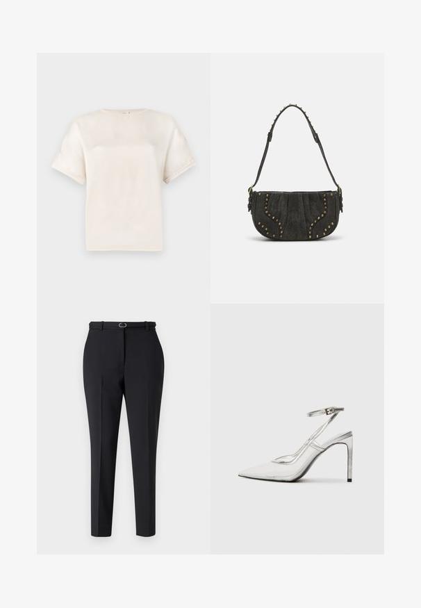 Īsām piedurknēm apļa kakla T-krekls off-white krāsā, izgatavots no gludas auduma, ar brīvu piegriezumu un minimālām šuvju detaļām uz piedurknēm.; Melnas pielāgotas bikses ar šauru piegriezumu, ar jostas cilpām un vienu metāla gredzenu priekšpusē. Gluda auduma tekstūra.; Caurs stiletto papēžu kurpes ar norādītu pirkstu, caurspīdīgu materiālu, metāliskas sudraba akcentus un regulējamu potītes siksniņu.; Melna zamša soma ar izliekumu, ar kniedēm un teksturētu virsmu. Regulējams siksna ar izšuvumiem gar maliņu.