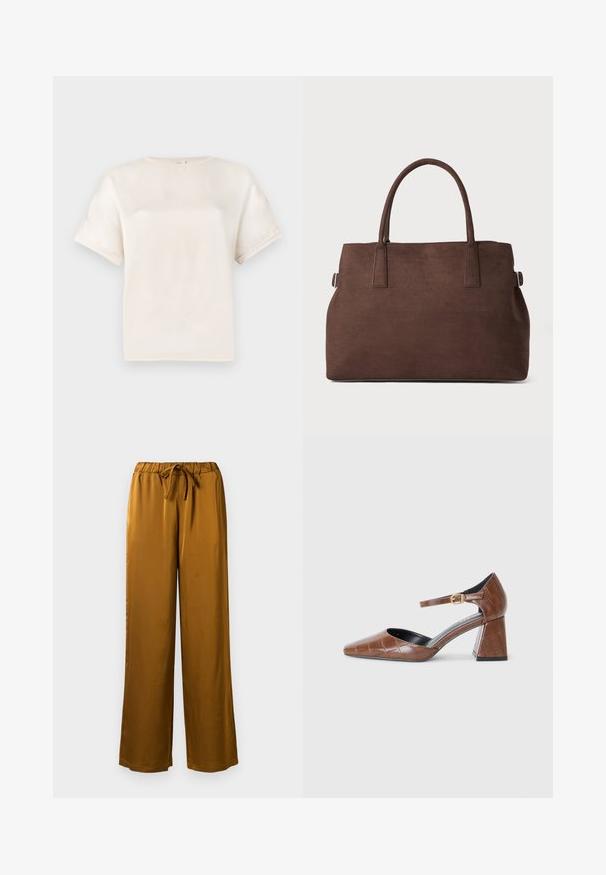 Lühikeste varrukatega ümardatud kaelusega T-särk suhkruvalges, valmistatud siledast kangast, millel on lõdvestatud lõige ja minimaalsed õmblusdetailid varrukatel.; Pruun sametist laiad püksid elastse vöökoha ja nööriga. Sile tekstuur ja täispikk disain, millel on mugav lõige.; Pruun lakknahast kontsapump ruudukujulise varbaga, tekstuurse krokodillimustri ja kuldse pandlaga pahkluvarruga ning jämeda kontsaga.; Pruun faux nahast kott kahe tugeva käepidemega, struktureeritud kuju ja minimalistik disain, millel on peened õmblusdetailid.