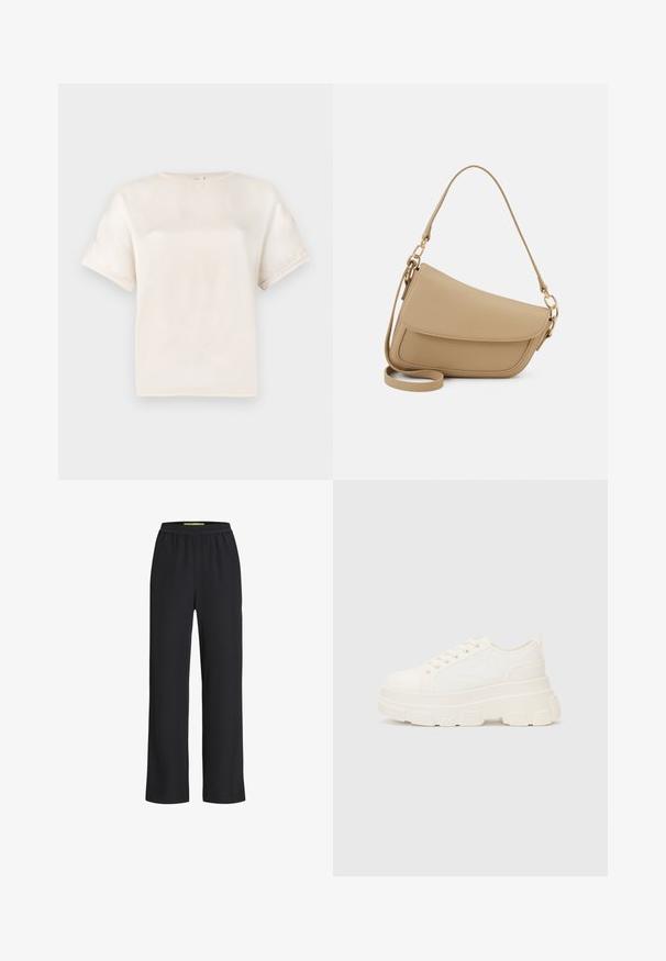 Kortärmad t-shirt med rund halsringning i off-white, tillverkad av ett mjukt material, med en avslappnad passform och minimala sömdetaljer på ärmarna.; Svarta byxor med vida ben och elastisk midja, tillverkade av ett mjukt tyg med en slät yta och en lös passform längs benen.; Vitcanvas sneakers med en chunky sula, rund tå och fem öglor för snören. Bakre tab för enkel påtagning. Slät yta, minimalistisk design.; Even&Odd Handväska - beige