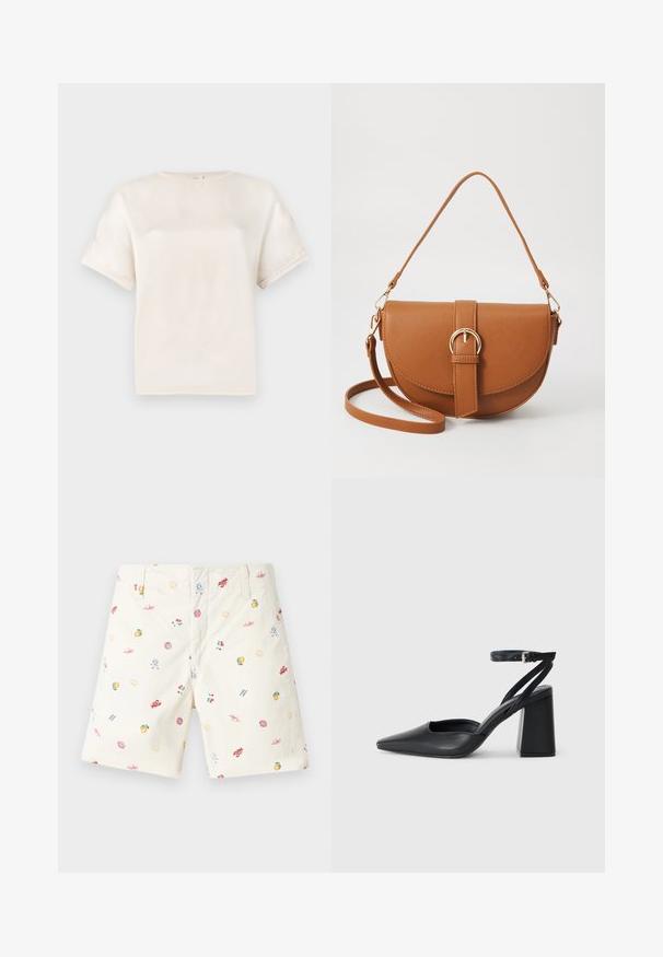 Short-sleeve crew neck t-shirt in off-white, made of smooth fabric, featuring a relaxed fit and minimal stitching details on sleeves.; Cotton shorts in cream with colorful, assorted printed patterns including fruits, shells, and sun motifs; classic flat front design.; Black leather pointy-toe pump with an ankle strap and a chunky heel. Flat texture, sleek design, and minimalistic aesthetics.; Brown leather crossbody bag with a curved shape, gold hardware, and a buckle accent. Features a detachable shoulder strap.