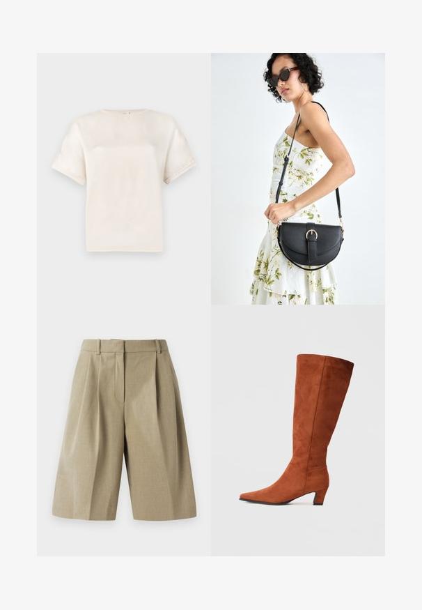 Krátký rukáv tričko s kulatým výstřihem v barvě off-white, vyrobené z hladkého materiálu, s uvolněným střihem a minimálními švy na rukávech.; Béžové šité šortky s plisovaným designem, vyrobené z lehkého materiálu. Mají elastický pas a hluboké přední kapsy.; Hnědé semišové nadkolenní boty s špičatou špičkou a malým blokovým podpatkem, s hladkou texturou a minimalistickým designem.; Černá kožená kabelka s křivkovým tvarem, odnímatelným popruhem a zlatými detaily. Kabelka má klopu s přezkou.