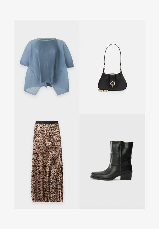 Hellblaues, plissiertes Oberteil mit Rundhalsausschnitt, kurzen Ärmeln und rohem Saum. Hergestellt aus leichtem Stoff, zeichnet sich durch ein lockeres, fließendes Design aus.; Bodenlange, plissierte Rock in Beige mit einem schwarzen Leopardenmuster, ausgestattet mit einem schwarzen elastischen Bund und einem leichten, strukturierten Stoff.; Schwarze Leder-Ankle Boots mit runder Zehenform, Blockabsatz, seitlichem Reißverschluss und gestickten Akzenten auf dem Blatt. Glatte Textur, klassisches Design.; sandro JANET - Handtasche - noir