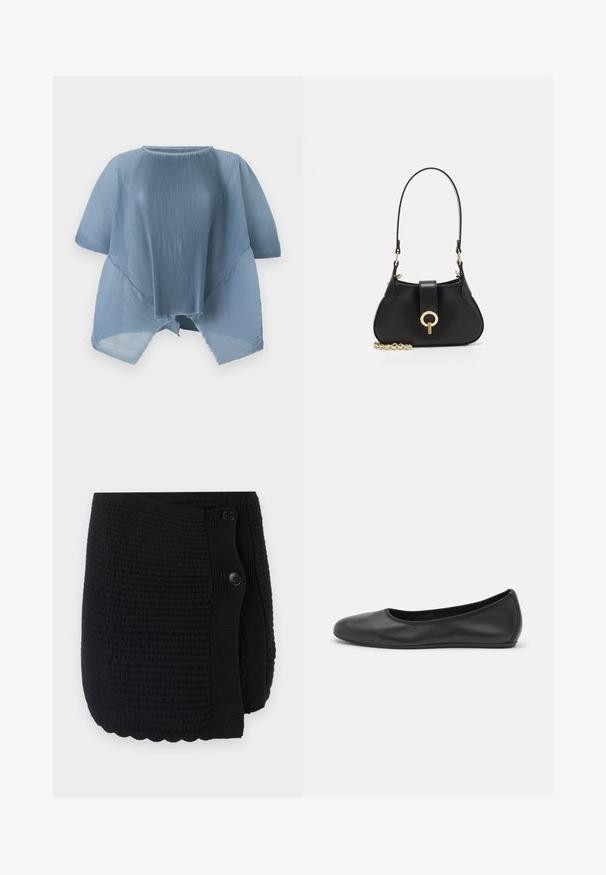 Lys blå plisseret top med rund hals, korte ærmer og rå kant. Fremstillet af letvægtsstof, med et løst og flagrende design.; Sort strikket omslag med et struktureret mønster, bølget kant og to store knapper til lukning. Blødt materiale med et hyggeligt design.; Sort læderballetsko med rund tå, glat tekstur, minimal syning og et fleksibelt såldesign.; sandro JANET - Håndtasker - noir