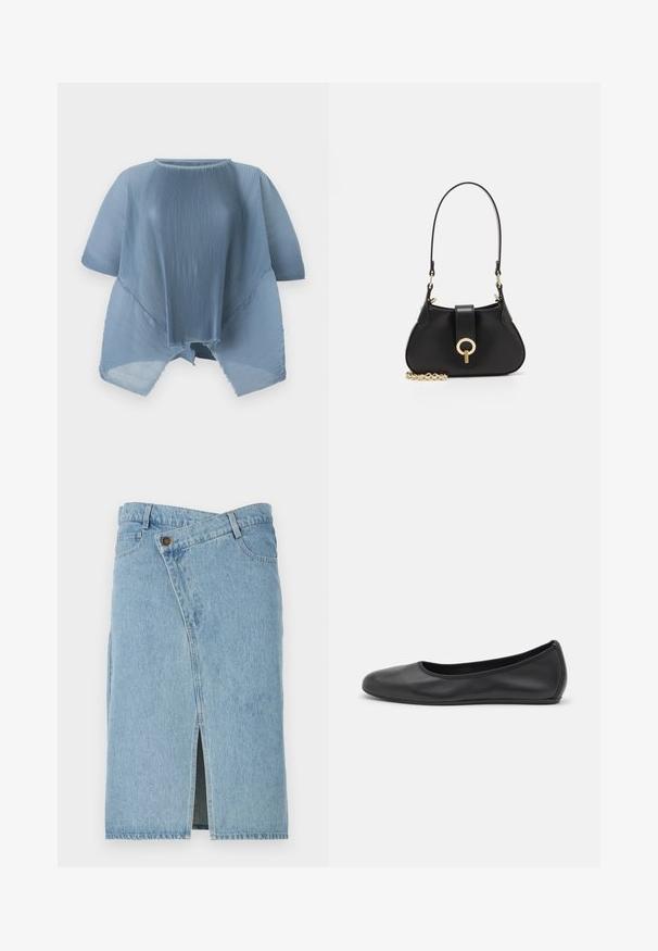 Šviesiai mėlyna pličių palaidinė su apvalia iškirpte, trumpomis rankovėmis ir neapdirbtais kraštais. Pagaminta iš lengvos medžiagos, pasižymi laisva ir plazdančia sukirpimu.; Šviesiai mėlyna džinsinė sijonas su asimetrišku dizainu ir priekinio plyšio. Yra mygtukų uždarymas ir tradicinis penkių kišenių modelis.; Juodai odiniai baletai su apvaliu pirštu, lygi texture, minimalus siuvimo detales ir lanksčiu padų dizainu.; sandro JANET - Rankinė - noir