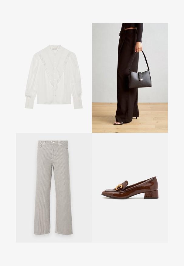 Bela bluza z nabranim ovratnikom in sprednjim zapenjanjem, ki ima dolge rokave z nabranimi detajli in gumbi spredaj.; Prugaste široke hlače iz lahkega materiala. Imajo vertikalne črno-bele črte, pas in pet žepov.; Brahkni usnjeni mokasini z sijočo površino, ki imajo dekorativno zlato zaponko spredaj in nizko blok peto. Klasična zasnova.; Črna torbica z strukturirano obliko, gladko teksturo in kovinskim zaponko. Ujemajo se z širokimi črnimi hlačami in odprtimi sandali na lesenem tleh.