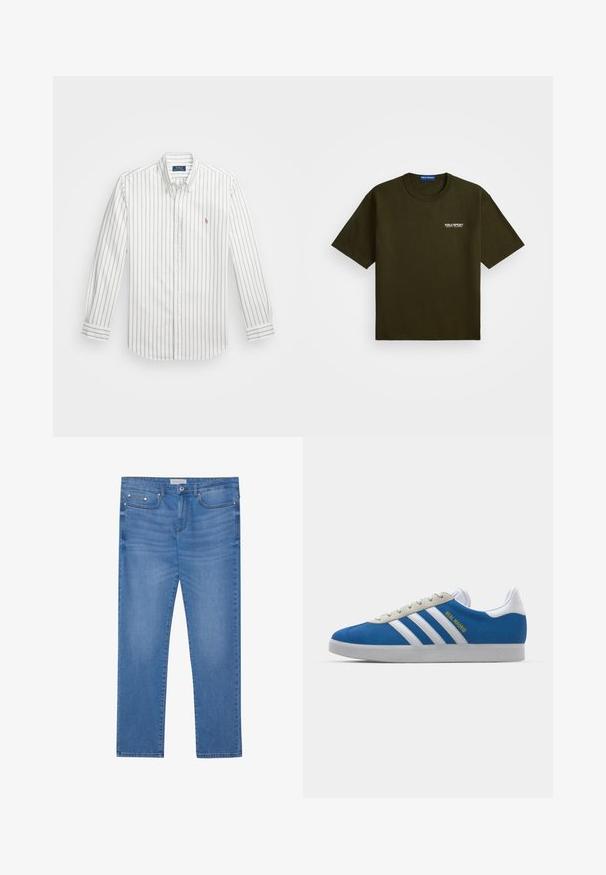 Bílá košile na knoflíky s světle modrými svislými pruhy, dlouhými rukávy, zapnutým límcem a malým vyšitým logem na levé hrudi.; Tmavě olivově zelené tričko s krátkým rukávem, kulatým výstřihem a malým bílým logem "Polo Sport Ralph Lauren" na levé hrudi.; Světle modré džíny s rovnými nohavicemi, design s pěti kapsami, jemné vyblednutí a kovové detaily na pase a kapsách.; adidas Originals ADIDAS GAZELLE SHOES - Sálové kopačky - real madrid/bluebird/footwear white/crew yellow