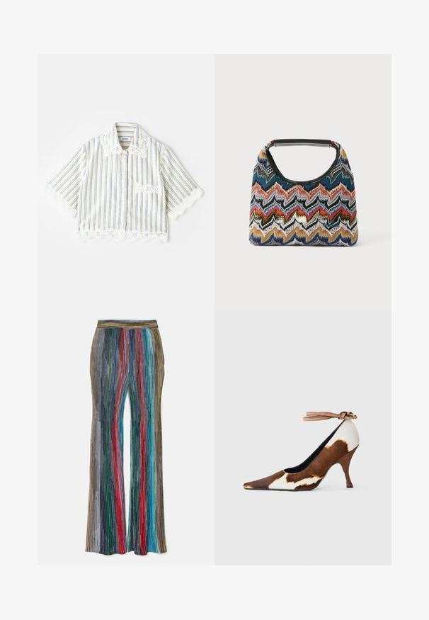 sandro CHEMISE - Skjortebluser - ecru; Stribede bukser med lodrette linjer i forskellige farver, lavet af tekstureret stof, med en bred ben-design og en tætsiddende talje.; Brune og hvide ko-print højhælede sko med spids tå, tekstureret overflade og en ankelrem med en lys brun spænde.; Multifarvet vævet håndtaske med et zigzag-mønster, rund top med et sort håndtag og en tekstureret overflade. Ideel til afslappet brug.