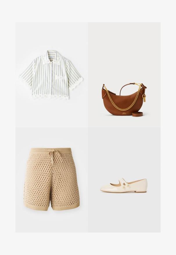 sandro CHEMISE - Overhemdblouse - ecru; Beige gehaakte shorts met een ingewikkeld ruitpatroon, een trekkoord in de taille en ribgebreide randen. Lichtgewicht en ademend materiaal.; Ivory patenten leren ballet flats met twee decoratieve banden en gouden knopen, met een ronde neus en een lage blokhak.; Bruine leren handtas met een gebogen ontwerp, gouden schouderband, binnenzak en een afneembare schouderband. Heeft contrasterende stiksels.