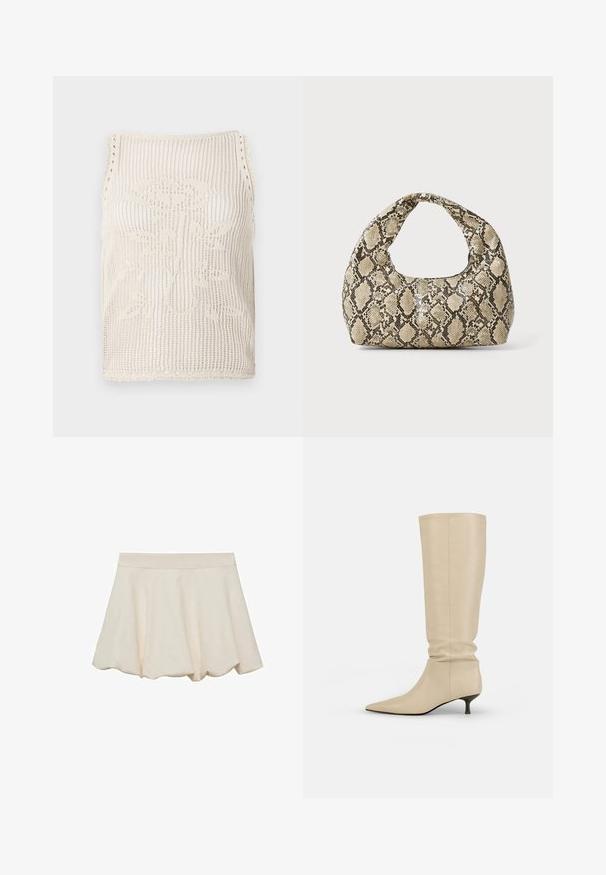 Canottiera in beige con design a tessitura aperta. Caratterizzata da bordi ondulati, un motivo floreale lavorato nel tessuto e senza maniche.; Gonna di colore crema con una texture morbida e liscia, design svasato e orlo scallop. Presenta una ampia vita elastica per il massimo comfort.; Stivali in pelle beige alti fino al ginocchio con un design morbido, punta affusolata e un modesto tacco a kitten. Texture liscia con dettagli di cucitura minimi.; Borsa a stampa rettile con manico curvo. Realizzata in materiali testurizzati beige e marroni, presenta un distintivo motivo a rombi.