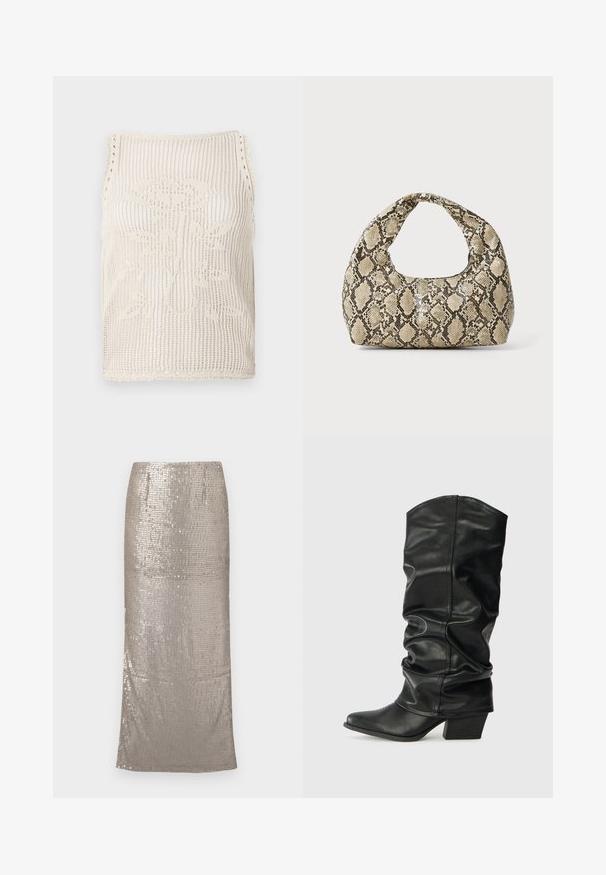 Pletena majica brez rokavov v bež barvi z odprto tkanino. Ima valovite robove, cvetlični vzorec, ki je pleten v tkanino, in brezrokavni kroj.; Svetleč, srebrn midi krilo pokrito s bleščicami, z ravno silhueto in robom, ki sega pod kolena. Gladka tekstura.; Črne usnjene škornje do kolen s nagubanjem, z zunanjim konico in debelim peto, s sijočo teksturo in minimalnim šivanjem.; Torba z vzorom kače s ukrivljenim ročajem. Narejena iz teksturiranih, bež in rjavih materialov, ki imajo značilen diamante vzorec.