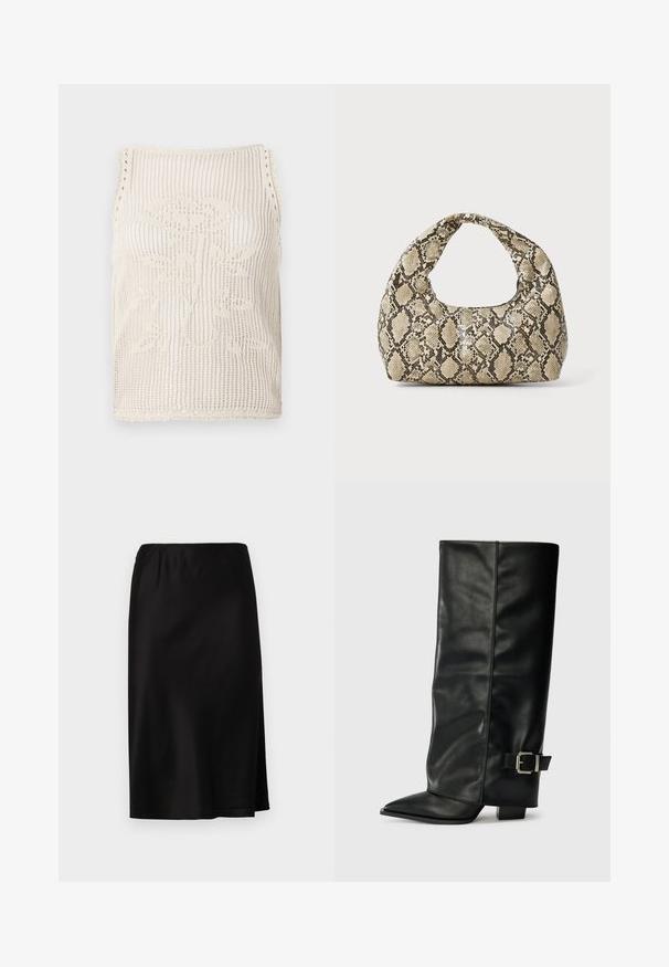 Beige színű kötött ujjatlan top, nyitott szövésű kialakítással. A felső szegélye hullámos, a szövetbe virágmintát kötöttek.; Fekete selyemszatén szoknya, rugalmas derékkal, oldalsó hasítékkal a szabad mozgás érdekében és sima, fényes textúrával.; Fekete bőr bokáig érő csizmák hegyes orral, sima felülettel és ezüst csattal az oldalon. Tömbös négyzet alakú sarok.; Kígyómintás kézitáska ívelt fogantyúval. Texturált, bézs és barna anyagból készült, jellegzetes gyémántmintával.