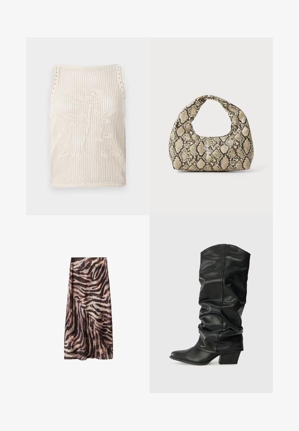Knit tank top in beige with open weave design. Features scalloped edges, a floral pattern knitted into the fabric, and sleeveless cut.; Long skirt in a sheer, lightweight fabric featuring a black and brown zebra stripe pattern. Straight cut with an A-line silhouette.; Black leather knee-high boots with a slouched design, pointed toe, and a chunky heel, featuring smooth texture and minimal stitching.; Snake-print handbag with a curved handle. Made from textured, beige and brown materials, featuring a distinctive diamond pattern.