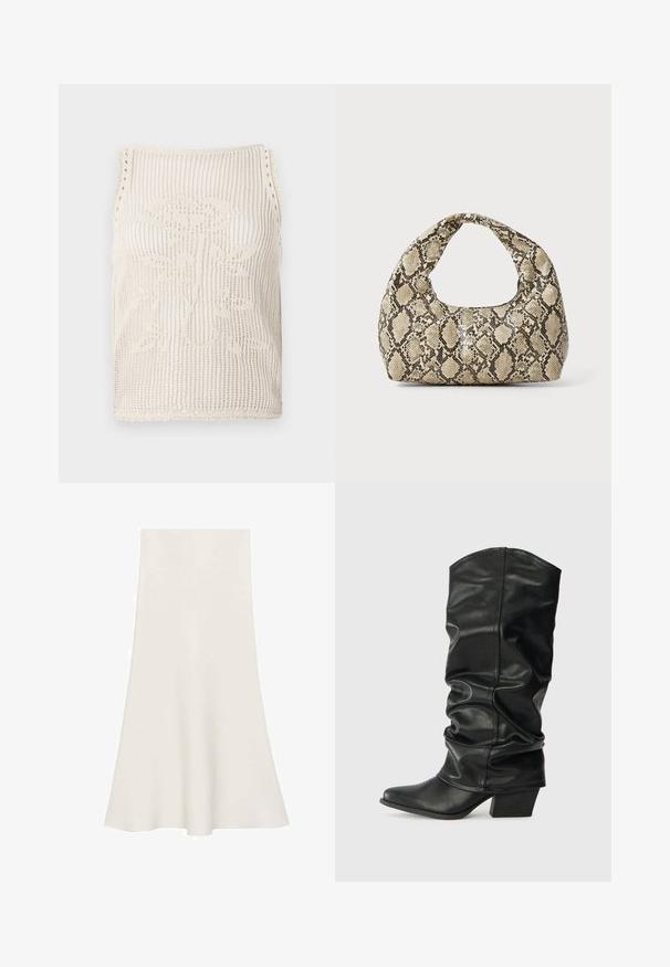 Beige Strick-Tanktops mit offenem Maschenbild. Verfügt über gewellte Kanten, ein in den Stoff eingestricktes Blumendesign und ärmellosen Schnitt.; Weißer, aus glattem Stoff gefertigter, ausgestellt Rock mit breitem Bund und A-Linie, in knielanger Länge.; Schwarze Lederstiefel bis zum Knie mit einem rüschigen Design, spitzem Zehenbereich und breitem Absatz, mit glatter Texture und minimaler Naht.; Schlangenmuster-Tasche mit einem gebogenen Griff. Hergestellt aus strukturierten, beige- und braunfarbenen Materialien, die ein markantes Diamantmuster aufweisen.