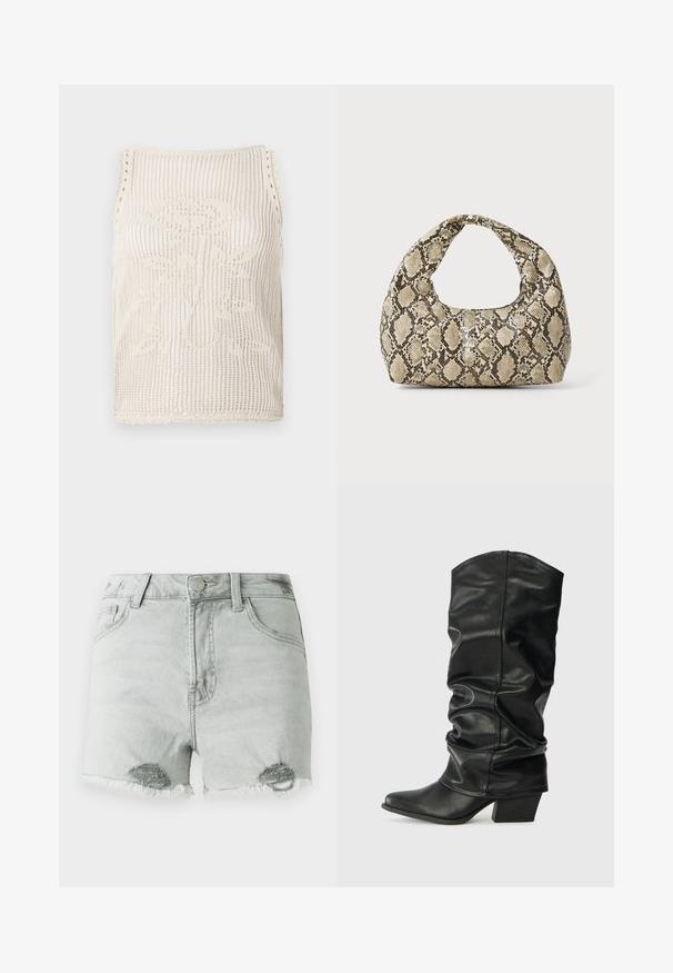 Canottiera in beige con design a tessitura aperta. Caratterizzata da bordi ondulati, un motivo floreale lavorato nel tessuto e senza maniche.; Shorts in denim grigio chiaro con vita alta, dettagli strappati e orli sfrangiati, e due tasche frontali. Il tessuto appare morbido e consumato.; Stivali neri in pelle, alti fino al ginocchio, con design morbido, punta affusolata e tacco spesso, caratterizzati da una texture liscia e cuciture minime.; Borsa a stampa rettile con manico curvo. Realizzata in materiali testurizzati beige e marroni, presenta un distintivo motivo a rombi.