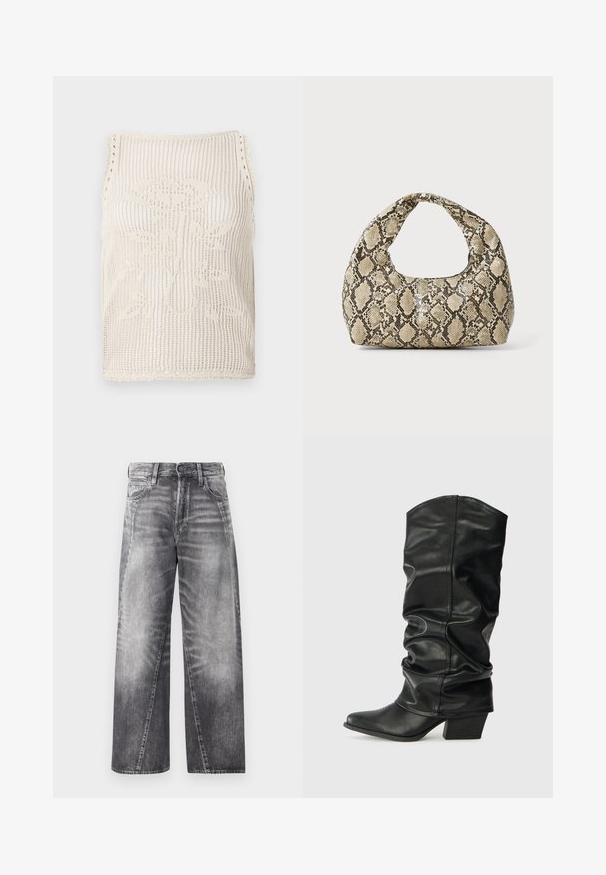 Top de malha em bege com design de trama aberta. Apresenta bordas em forma de ondas, um padrão floral tricotado no tecido e é sem mangas.; Calças de ganga de perna larga em denim cinza desbotado. Apresenta um fecho clássico de botão e zip, com cinco bolsos e discretos detalhes de desgaste.; Botas pretas de couro até o joelho com um design desleixado, bico fino e um salto robusto, apresentando textura suave e costura mínima.; Bolsa com padrão de pele de cobra e uma alça curva. Feita de materiais texturizados em bege e castanho, apresentando um padrão de diamante distintivo.
