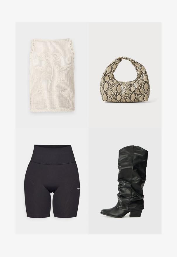 Beige adīts bezpiedurkņu krekls ar atvērtu austījumu. Ir viļņotas malas, ziedu raksts adīts audumā un bez piedurknēm.; Melnas augstās sporta šortus, kas izgatavoti no elastīga materiāla, ar pieguļošu dizainu, gludām šuvēm un mazu baltu logo sānos.; Melnas ādas ceļgala augstās zābaki ar izstieptu dizainu, smailu purngalu un masīlu papēdi, ar gludu faktūru un minimālām šuvēm.; Čūsku raksta soma ar izliekto rokturi. Izgatavota no teksturētiem, bēšiem un brūniem materiāliem, ar izteiksmīgu dimanta rakstu.