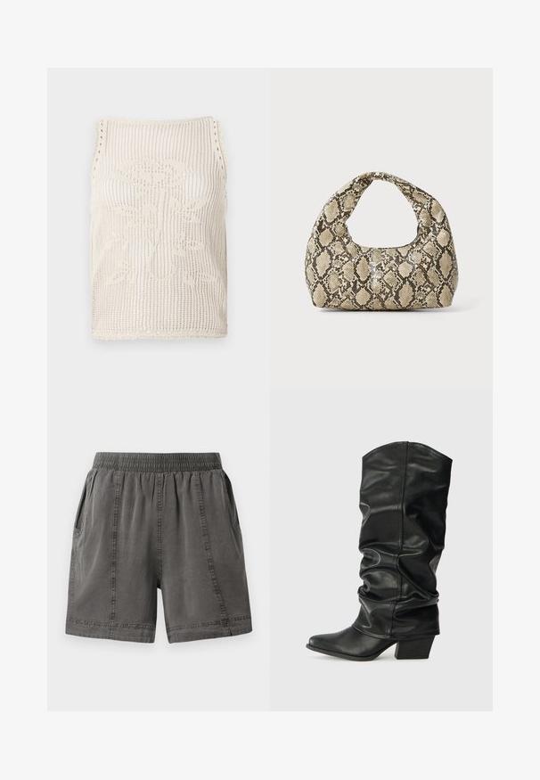 Débardeur en tricot beige avec un design à mailles ouvertes. Présente des bords festonnés, un motif floral tricoté dans le tissu, et une coupe sans manches.; Shorts gris en mélange de coton avec une taille élastique, des poches latérales et des détails cousus le long des coutures. Texture douce et coupe décontractée.; Bottes noires en cuir, montantes jusqu'au genou, avec un design plissé, un bout pointu et un talon épais, présentant une texture lisse et des coutures minimales.; Sac à main en motif serpent avec une poignée incurvée. Fabriqué à partir de matériaux texturés beiges et bruns, présentant un motif en diamant distinctif.