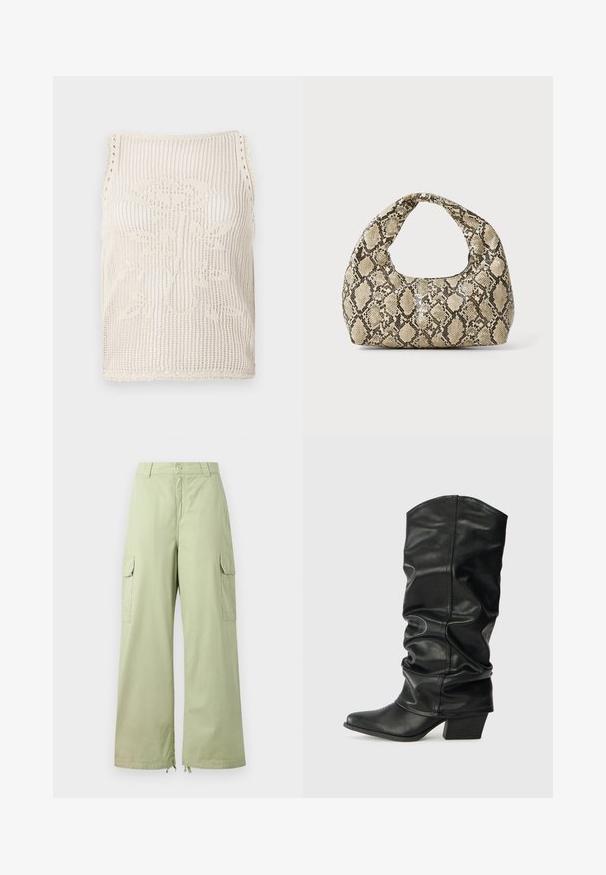 Knit tank top in beige with open weave design. Features scalloped edges, a floral pattern knitted into the fabric, and sleeveless cut.; Light green cargo pants with wide legs, made of cotton. Features two side pockets and a button closure. Smooth texture and casual design.; Black leather knee-high boots with a slouched design, pointed toe, and a chunky heel, featuring smooth texture and minimal stitching.; Snake-print handbag with a curved handle. Made from textured, beige and brown materials, featuring a distinctive diamond pattern.