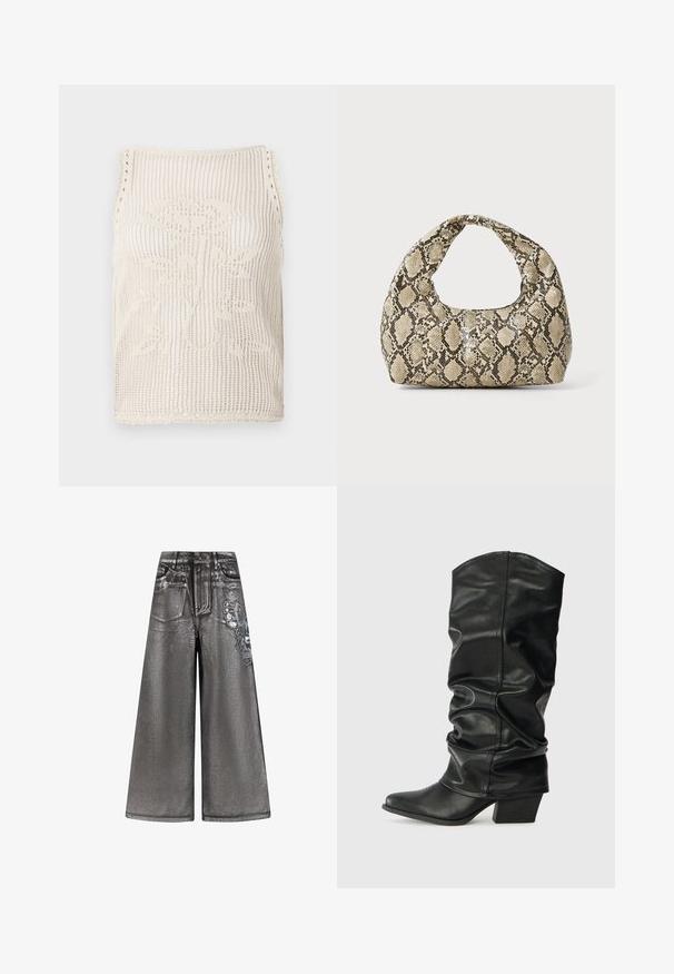 Canottiera in beige con design a tessitura aperta. Caratterizzata da bordi ondulati, un motivo floreale lavorato nel tessuto e senza maniche.; Pantaloni in denim grigi con gamba larga, caratterizzati da una texture lucida, tasche frontali e una grafica decorativa a farfalla sul lato. Presentano dettagli strappati.; Stivali neri in pelle, alti fino al ginocchio, con design morbido, punta affusolata e tacco spesso, caratterizzati da una texture liscia e cuciture minime.; Borsa a stampa rettile con manico curvo. Realizzata in materiali testurizzati beige e marroni, presenta un distintivo motivo a rombi.