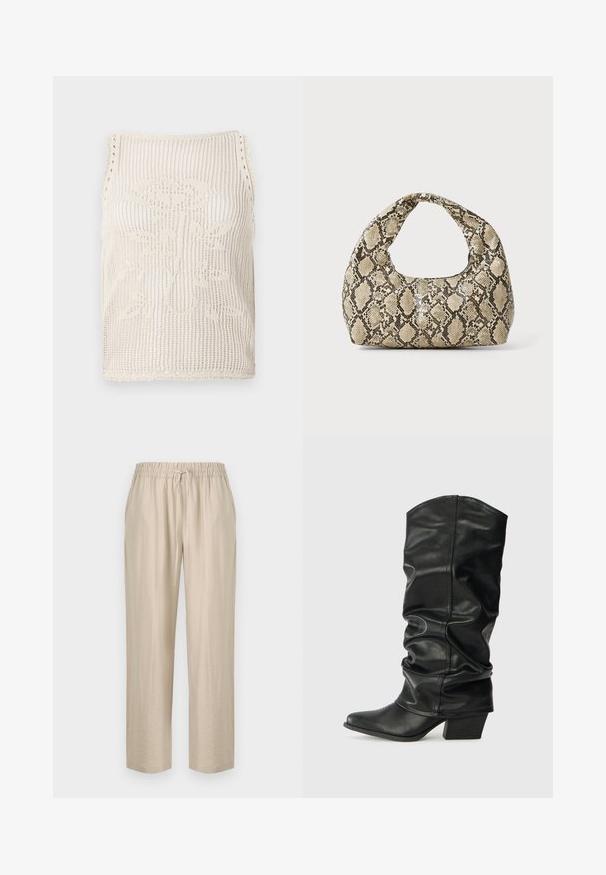 Pleteni top na bazi bež boje s otvorenim tkanjem. Ima obodne rubove s valovitim uzorkom, cvjetni uzorak pleten u tkaninu i bez rukava.; Bež, lagane hlače s elastičnim pojasom i podesivom vezicom. Dizajn ravnog kroja s glatkom teksturom.; Crne kožne čizme do koljena s opuštenim dizajnom, šiljastim vrhom i debelim potplatom, s glatkom teksturom i minimalnim šavovima.; Torba s uzorkom zmije s zakrivljenom drškom. Izrađena od teksturiranih materijala u bež i smešnim tonovima, sa karakterističnim dijamantnim uzorkom.