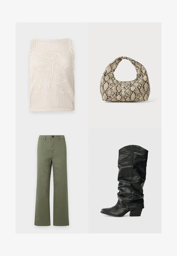 Canottiera in beige con design a tessitura aperta. Caratterizzata da bordi ondulati, un motivo floreale lavorato nel tessuto e senza maniche.; Pantaloni dritti verde oliva con passanti per cintura, chiusura a bottone e zip frontale su sfondo bianco semplice.; Stivali neri in pelle, alti fino al ginocchio, con design morbido, punta affusolata e tacco spesso, caratterizzati da una texture liscia e cuciture minime.; Borsa a stampa rettile con manico curvo. Realizzata in materiali testurizzati beige e marroni, presenta un distintivo motivo a rombi.
