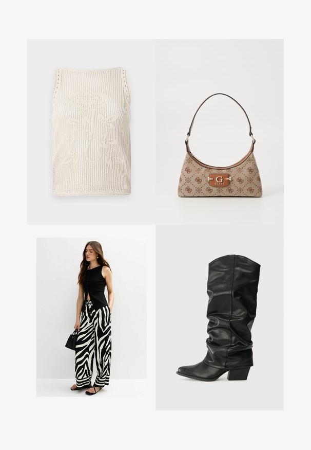 Beżowy top na ramiączkach wykonany na drutach z otwartą strukturą. Posiada falbaniaste wykończenia, kwiatowy wzór wpleciony w tkaninę i bezrękawowy krój.; Czarny top bez rękawów z guzikami z przodu, w zestawieniu z szerokimi spodniami w czarno-białe paski zebra; modelka trzyma małą czarną torbę.; Czarne skórzane wysokie botki z luźnym krojem, szpiczastym noskiem i grubym obcasem, charakteryzujące się gładką fakturą i minimalnym przeszyciem.; Torba tote w beżowym materiale z brązowymi wzorzystymi akcentami. Posiada zakrzywiony kształt, pojedynczy pasek oraz plakietkę z logo z przodu z srebrnymi elementami.