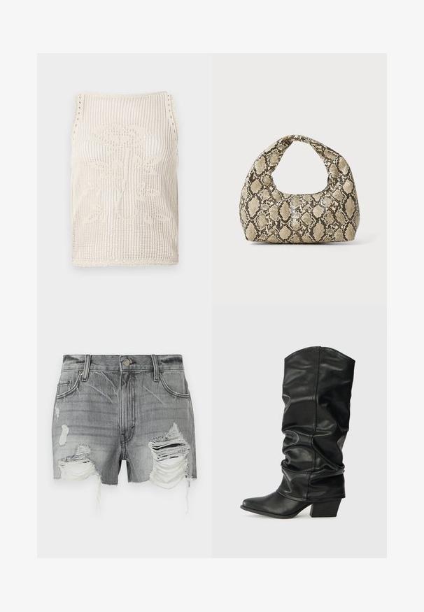 Gebreide tanktop in beige met een open geweven ontwerp. Heeft gegolfde randen, een bloemmotief dat in de stof is gebreid, en een mouwloos ontwerp.; Grijze denimshorts met rafelige zomen en meerdere versleten plekken, met een knoopsluiting en twee voorkeertools.; Zwarte leren laarzen tot de knie met een verslonden ontwerp, puntige neus en een chunky hak, voorzien van een zachte textuur en minimale stiksels.; Slangpatroon handtas met een gebogen handvat. Gemaakt van gestructureerde, beige en bruine materialen, met een kenmerkend ruitpatroon.