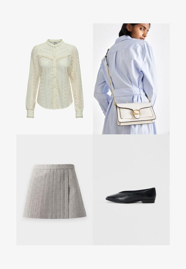 Blusa in pizzo color avorio con intricate fantasie, maniche lunghe, chiusura frontale con bottoni e colletto alla cinese. Rifiniture delicate ai polsini.; Gonna grigia plissé realizzata in tessuto texturizzato, con strisce verticali e piccoli accenti decorativi, uniformemente distribuiti.; Scarpa piatta in pelle nera con punta appuntita, tacco leggermente rialzato e superficie liscia. Design semplice senza hardware o motivi visibili.; Borsa a tracolla in pelle bianca con dettagli dorati, patta frontale e bordi neri, dotata di una tracolla a catena indossata a croce su una camicia azzurra chiara.