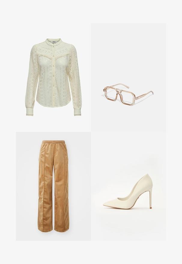 Ofwhite nėrinių palaidinė su sudėtingais raštais, ilgomis rankovėmis, susagstoma priekyje ir mandarinų tipo apykakle. Delikatus apdailos ornamentas ant rankovių.; Kreminės pločio kojų kelnės, pagamintos iš švelnaus, veliūrinio audinio. Yra elastinga juosmens juosta ir vertikalios siūlės priekyje, suteikiančios papildomo akcento.; Balti aukštakulniai bateliai su smailiu pirštu, lygia odos tekstūra ir lieknu stiletu kulnu. Minimalistinis dizainas su subtiliais akcentais.; Permatomi šešiakampiai akinių rėmeliai su šviesiai ruda atspalviu; stori, skaidrūs rėmai ir liekni šonai; nematomi logotipai ar raštai.; Balta odinė rankinė su auksinėmis detalėmis, priekinė kišenė su užtrauktuku ir juodu apvadu, su grandinine petneša, dėvima per kūną prie šviesiai mėlynos marškinės.
