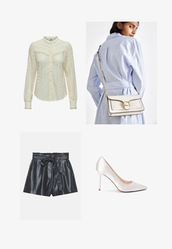 Koe valge pitspluus keerukate mustritega, pikkade varrukatega, nööpidega esiotsa ning mandariinikaelusega. Peen ääristus varrukatel.; Mustad nahkšortsid kõrge vöökoht, elastne pael, eemaldatav vöö ja sile tekstuur. Sisaldab lamedat esiosa ja küljetaskuid.; Koonusnäppidega kõrge kontsaga kingad satiinvalges materjalis, millel on voolujoonis ja läikiv valge stiletto-konts.; Valge nahast kott kuldse riistvaraga, esi-klapi ja musta ääristusega, millel on kettvõll, kantud üle keha helesinise särgi vastu.